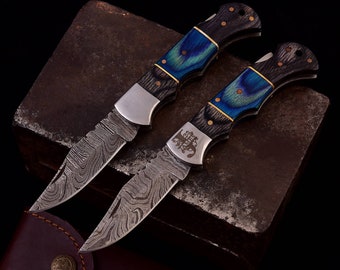 Damascus Pocket Knife, Folding Pocket Knive , PakkaWood Damascus Knive, Custom Pocket Knive, Groomsmen Gift, Wedding Gift, Gift for him