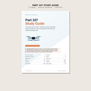Peut inclure: Un guide d'étude Part 107 de 22 pages comprenant des questions d'entraînement et des listes de contrôle. La couverture présente un graphique de drone, des détails de révision et une alerte sur le test de connaissances.