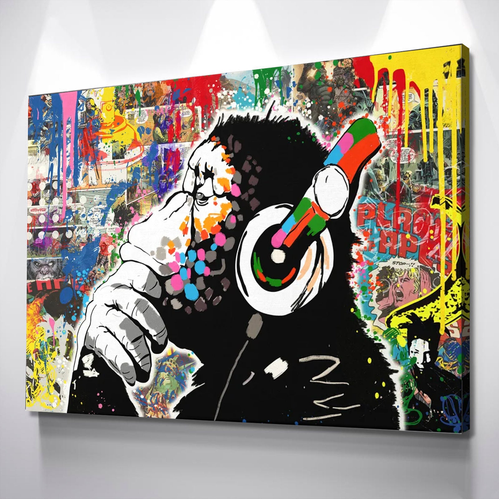  Banksy DJ Monkey Wall Art Poster Monkey with Headphones Canvas  Paintings Wall Art Picture for Living Room Home Decoration  50x90cm(20''x35'') Inner Frame : Everything Else