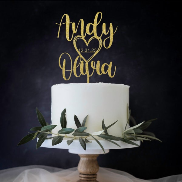 Personalized Wedding Cake Topper, Custom Name Cake Topper, Mr and Mrs Cake Topper, Rustic, Custom Script, with heart