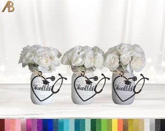 Etiquetas personalizadas para tarros de cristal para graduación de enfermera, graduación de médico, decoración de centro de mesa para graduación de enfermería, decoraciones de enfermeras registradas