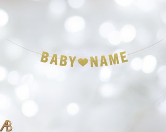Banner con nombre de bebé, banner para baby shower, decoraciones para baby shower, banner de embarazo, banner de anuncio de bebé, con purpurina, preencordado (elige el color)