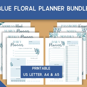 Blauer Blumen Planer Bundle, druckbar, digitaler Download, US Letter, A4, A5, Tagesplaner, Wochenplaner, Monatsplaner, Jahresplaner