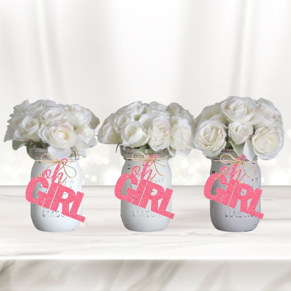 Oh Girl mason jar centerpiece tags, Baby Shower decorations, Baby Girl, Pregnancy, It's a Girl décor, mason jar tag, Bold - Choose Color