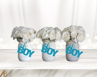 Oh Boy mason jar centerpiece tags, Baby Shower decorations, Baby Boy, Pregnancy, It's a Boy décor, mason jar tag, Bold - Choose Color