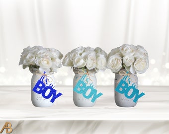 It's a Boy mason jar centerpiece tags, Glitter Baby Shower decorations, Baby Boy, Pregnancy, It's a Boy décor, mason jar tag - Choose Color