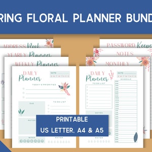 Frühling Blumen Planer Bundle, druckbar, digitaler Download, US Letter, A4, A5, Tagesplaner, Wochenplaner, Monatsplaner, Jahresplaner