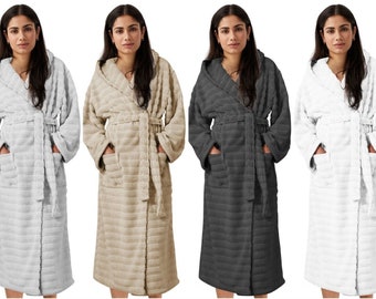 Ribbed Terry Towelling Bathrobe 100% Cotton Unisex Hooded Dressing Gown 2 Pocket
