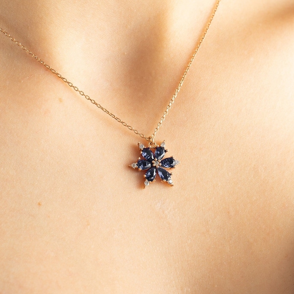 Blue Magnolia Necklace, Cute Magnolia Pendant, Flower Necklace, 925K Sterling Silver, Mothers Day Gift