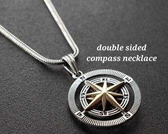 Double Sided Compass Necklace, 925 Sterling Silver, Travel Necklace, 3D Compass Pendant, Nautical Necklace, Birthday and St Valentines Gift