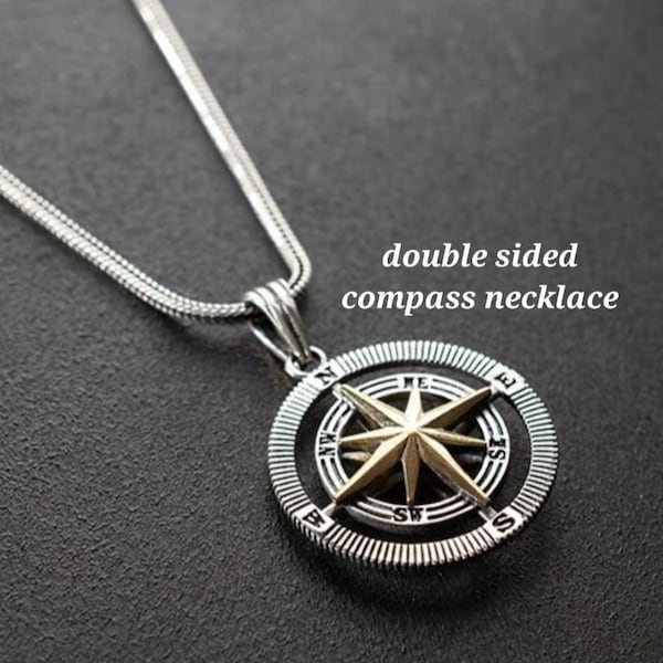 Double Sided Compass Necklace, 925 Sterling Silver, Travel Necklace, 3D Compass Pendant, Nautical Necklace, Birthday and St Valentines Gift