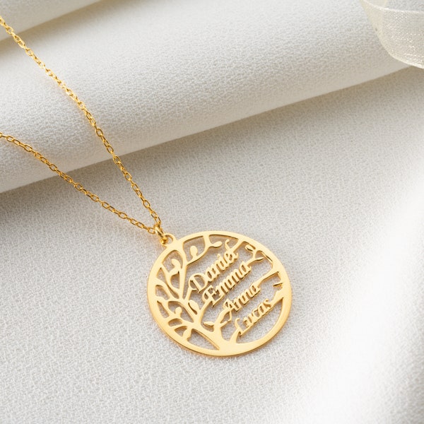 Family Name Necklace, Silver Tree of Life Name Pendant, Kids Name Necklace, Gift For Mom and Grandma, Happy Mothers Day Gift