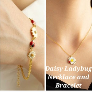 Ladybug Necklace and Ladybug Bracelet ,Dainty Daisy Bracelet,925 Sterling Silver, Pretty Pendant, Gift for Mom Wife, Mothers Day Gift