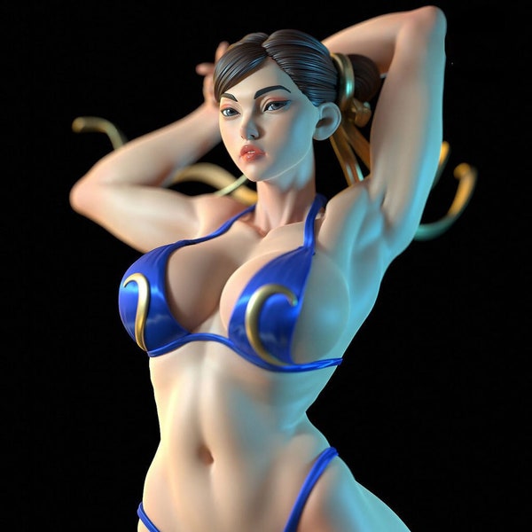 3D-geprint beeld van Chun-Li, volledig handgeschilderd in hars.