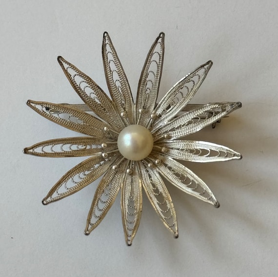 Vintage Japanese Silver Filigree Brooch Gem