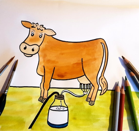 Coloring Page Cow Milking Etsy