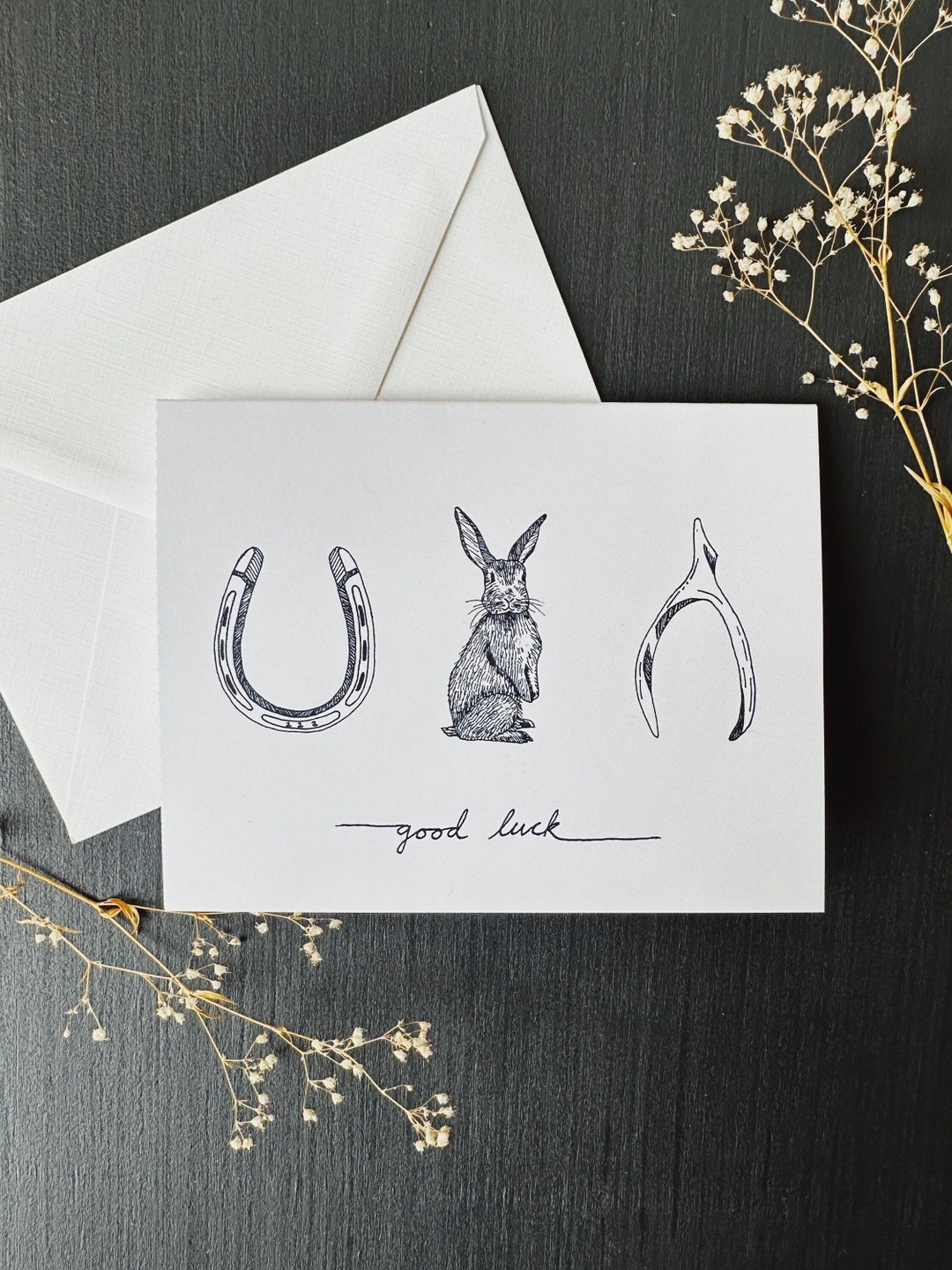 Good Luck Greeting Card (horseshoe, Rabbit & Wishbone) - Etsy