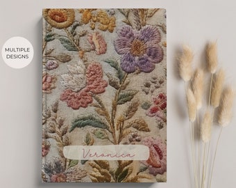 Vintage Wildflowers PRINTED Embroidered Look Journal, Hardcover Cottagecore Notebook for Women