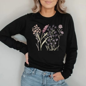 Wildflowers Floral Graphic Watercolor Long Sleeve Shirt, Boho Vintage ...