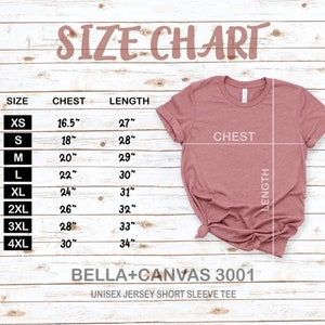 May include: Size chart for a unisex jersey short sleeve tee, showing chest and length measurements in inches for sizes XS to 4XL. The chart is printed on a light wood background with a pink t-shirt on top.
