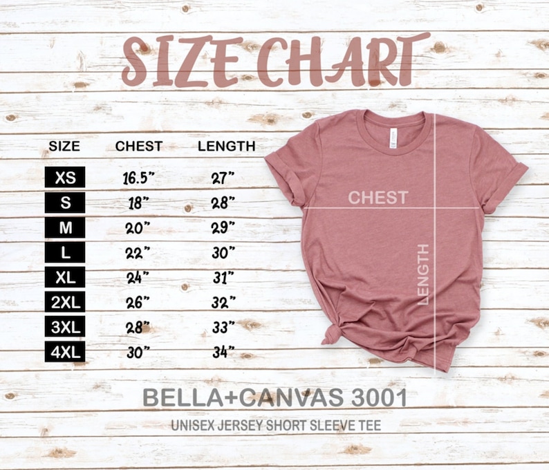 May include: Size chart for a unisex jersey short sleeve tee, showing chest and length measurements in inches for sizes XS to 4XL. The chart is printed on a light wood background with a pink t-shirt on top.