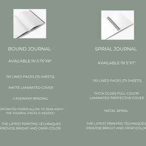 Puede incluir: Dos tipos diferentes de diarios, uno encuadernado y otro en espiral. El diario encuadernado est&aacute; disponible en 14,6 cm por 20,3 cm y el diario en espiral est&aacute; disponible en 12,7 cm por 17,8 cm. Ambos diarios tienen 150 p&aacute;ginas rayadas, 75 hojas de papel. El diario encuadernado tiene una cubierta laminada mate y una encuadernaci&oacute;n de envoltura. El diario en espiral tiene una cubierta protectora laminada de color completo brillante gruesa y una espiral de metal.