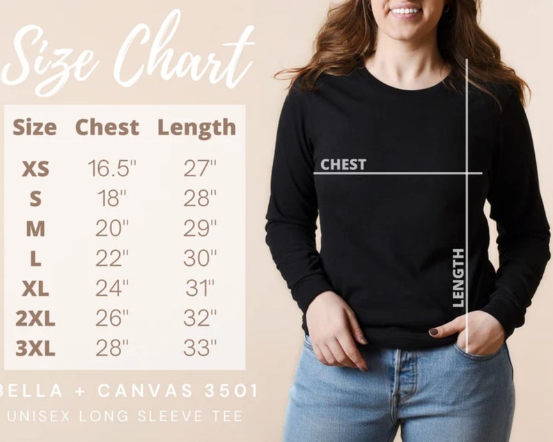 May include: Size chart for a unisex long sleeve tee, showing chest and length measurements in inches for sizes XS to 3XL. The chart is printed on a white background with brown text.  BELLA + CANVAS 3501 UNISEX LONG SLEEVE TEE is printed below the chart.