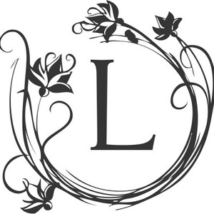 May include: A monochrome floral monogram design with the letter "L" at the centre. The letter is enclosed within a circular frame decorated with stylized flowers and swirling vines, creating an elegant aesthetic.