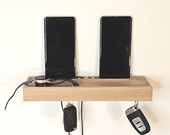 Estación de carga para 2 smartphones con soporte para llaves integrado, 30 cm, roble o fresno, soporte de madera para teléfono móvil, estación de carga.