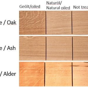 K&ouml;nnte beinhalten: Ein Vergleich von Holzmustern in quadratischer Form, die verschiedene Behandlungen zeigen. Die oberste Reihe zeigt Eiche, die mittlere Esche und die untere Erle. Der Text kennzeichnet die Behandlungen: ge&ouml;lt, nat&uuml;rlich ge&ouml;lt und unbehandelt.