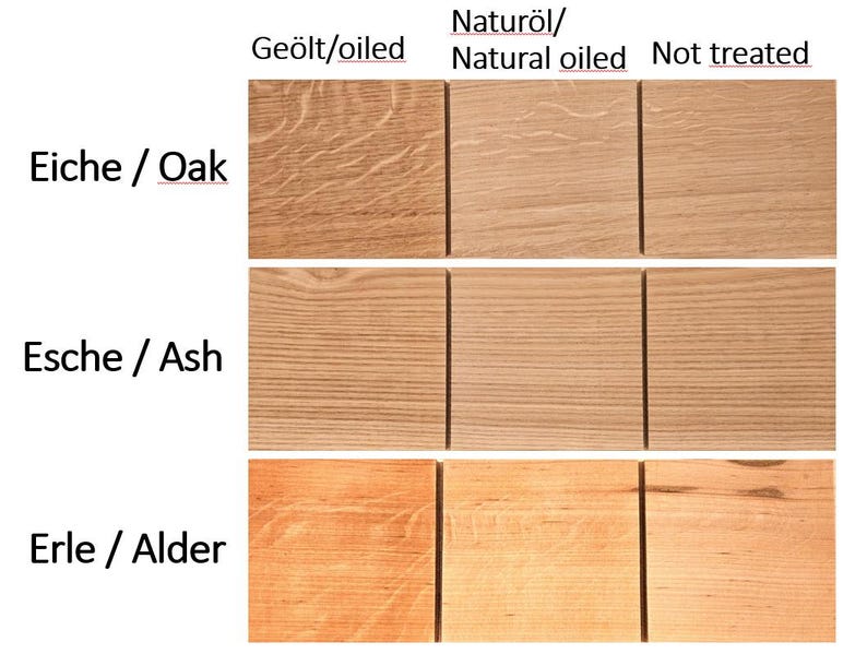 K&ouml;nnte beinhalten: Ein Vergleich von Holzmustern in quadratischer Form, die verschiedene Behandlungen zeigen. Die oberste Reihe zeigt Eiche, die mittlere Esche und die untere Erle. Der Text kennzeichnet die Behandlungen: ge&ouml;lt, nat&uuml;rlich ge&ouml;lt und unbehandelt.