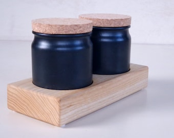 Étagère à épices en bois de frêne pour 2 pots à épices en céramique