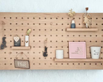 Solid Oak Pegboard 75x50 cm – Modular Wall Shelving Unit with Shelves & Pegs for the Kitchen, Office, Workshop, and Retail Space Design