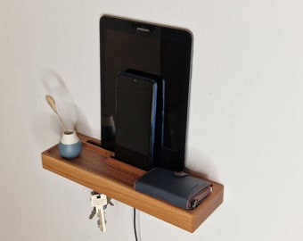 Station de recharge pour téléphone portable et porte-clés en bois 30 cm, support de téléphone portable en bois, station de recharge, téléphone portable tablette, station d'accueil