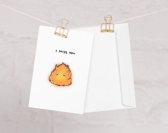 Tarjeta Te extraño, "calcifer", Tarjeta Studio Ghibli Howls Moving Castle, Regalo para parejas, interior en blanco, papel mate grueso
