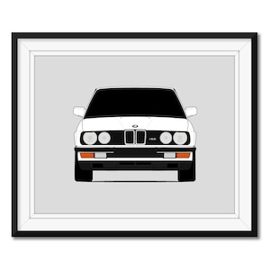 May include: A white BMW 3 Series car with black trim and a black grille. The car is facing the camera and has its headlights on.