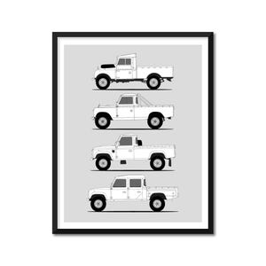 Land Rover Defender 130 Pickup Inspired Poster (Side Profile) Print Wall Art Series I II III Generations History Evolution BX1 (Unframed)