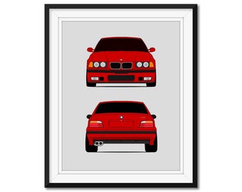 BMW M3 E36 (1995-1999) (voor- en achterkant) geïnspireerde auto poster print Wall Art decor BMW M Power DX1 (ingelijst)