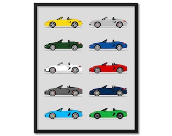 Poster ispirato alle generazioni Porsche Boxster (profilo laterale) Stampa artistica da parete della storica evoluzione Boxster 986 987 981 718 BX1 (senza cornice)
