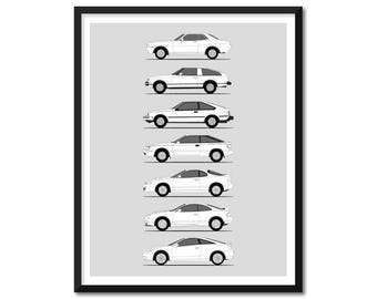 Poster auto ispirato alla Toyota Celica (profilo laterale) Stampa artistica da parete Decorazione di Toyota Celica Generazioni Storia Evoluzione BX1