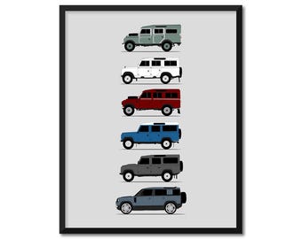 Poster auto ispirato alla Land Rover Defender 110 (4 porte) (profilo laterale) Serie di stampe artistiche I II III Generazioni Storia Evoluzione BX1 (senza cornice)