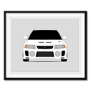 Puede incluir: Un coche blanco Mitsubishi Lancer Evolution con faros negros y una parrilla negra. El coche está de frente a la cámara y está en una ilustración enmarcada.