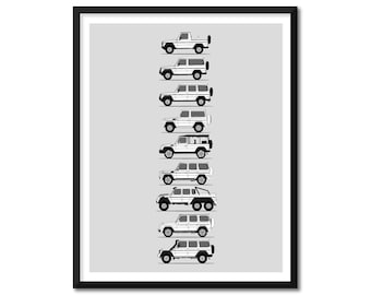 Poster di auto ispirata alla Mercedes Benz Classe G (profilo laterale) Stampa Mercedes Benz Classe G AMG 65 63 W460 W463 Generazioni Storia Evoluzione BX1