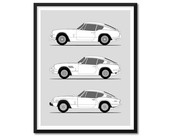 Op Triumph GT6 geïnspireerde autoposter (zijprofiel) afdrukken kunst aan de muur decor van Triumph GT6 MK I II III generaties geschiedenis evolutie BX1