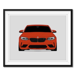 May include: A red BMW M2 Competition sports car with black wheels and a black grille. The car is facing the camera and is in a framed image.