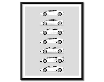Poster di auto ispirata alla Lamborghini Murcielago (profilo laterale) Stampa della Lamborghini LP640 Roadster SuperVeloce Generazioni Storia Evoluzione BX1