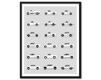 Poster di auto ispirate ai pick-up Toyota (profilo laterale) Stampa di Toyota Pick-up Hilux Tundra Tacoma TRD FJ Generazioni Storia Evoluzione BX1
