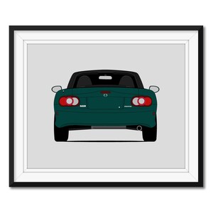 May include: A rear view of a green Mazda MX-5 convertible. The car is parked against a grey background.