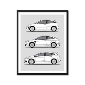 Ford Focus RS Generations Inspired Poster (Side Profile) Print Wall Art Handmade Decor History and Evolution Ford Focus RS BX1 (Unframed)