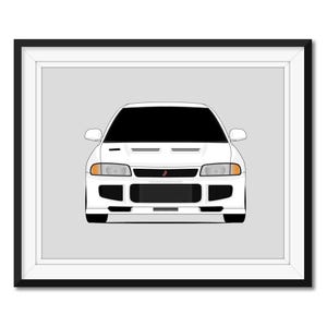 Puede incluir: Un coche blanco Mitsubishi Lancer Evolution con faros negros y una parrilla negra. El coche está de frente a la cámara y se encuentra sobre un fondo gris claro.
